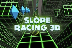 Grønn og svart 3D-rutenettbakgrunn med teksten Slope Racing 3D i sentrum og blå piler til venstre