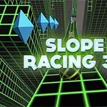 Grønn og svart 3D-rutenettbakgrunn med teksten Slope Racing 3D i sentrum og blå piler til venstre