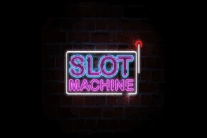 Neonskilt med teksten Slot Machine mot en mørk mursteinsbakgrunn