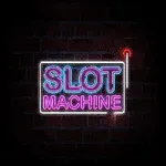 Neonskilt med teksten Slot Machine mot en mørk mursteinsbakgrunn
