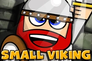 Tegneserieaktig vikingfigur med rød skjegg, blå øyne, og hjelm, med teksten Small Viking i gule bokstaver nederst