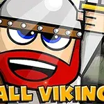 Tegneserieaktig vikingfigur med rød skjegg, blå øyne, og hjelm, med teksten Small Viking i gule bokstaver nederst