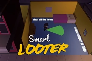 En tegnet illustrasjon av et rom sett ovenfra med en person som beveger seg med en lommelykt, og teksten Smart LOOTER prominent plassert
