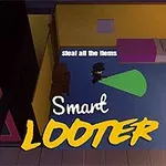 En tegnet illustrasjon av et rom sett ovenfra med en person som beveger seg med en lommelykt, og teksten Smart LOOTER prominent plassert