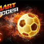 En glødende fotball med flammeeffekt ved siden av en silhouett av en fotballspiller og teksten Smart Soccer