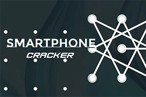 Teksten Smartphone Cracker med et nettverk av hvite linjer og noder på en mørk bakgrunn