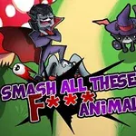Tegneserieaktige figurer av en vampyr og en katt med heksehatt mot en bakgrunn av sopp med teksten Smash All These F*** Animals!
