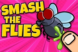 En stor tegneserieflyge med røde øyne og blå vinger blir trykket med en finger på en rosa bakgrunn, med teksten Smash the Flies i tykke gule bokstaver