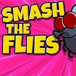 En stor tegneserieflyge med røde øyne og blå vinger blir trykket med en finger på en rosa bakgrunn, med teksten Smash the Flies i tykke gule bokstaver