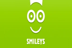 En grønn bakgrunn med en hvit smilende ansikt og ordet SMILEYS skrevet under
