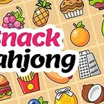 Fargerike matillustrasjoner inkludert frukt, grønnsaker, og snacks med teksten Snack Mahjong i sentrum