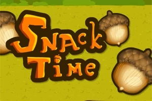 Teksten Snack Time i fargerike bokstaver omgitt av eikenøtter på en grønn bakgrunn
