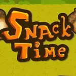 Teksten Snack Time i fargerike bokstaver omgitt av eikenøtter på en grønn bakgrunn