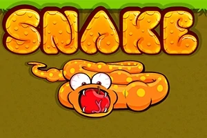 En oransje tegneserieorm med store, hvite øyne og åpen munn ligger under stor tekst som sier SNAKE på en grønn bakgrunn
