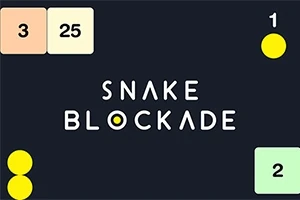 Tekst Snake Blockade på svart bakgrunn med fargede blokker og sirkler rundt
