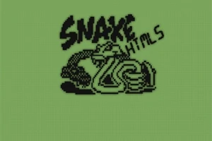 Sort og grønt pikselert bilde av en slange som former ordet SNAKE med kroppen sin