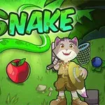 En grønn slange med en rød eple ved siden av, en tegneserieulv i utforskerklær med en sommerfuglnett, mot en grønn bakgrunn med store blader og teksten SNAKE øverst