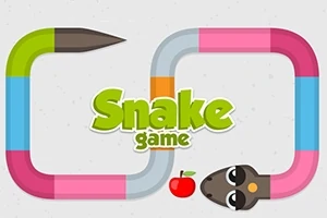 Fargerik tegneserieslange formet som en rektangel, med teksten Snake game i midten og et eple ved siden av slangens hode