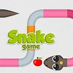 Fargerik tegneserieslange formet som en rektangel, med teksten Snake game i midten og et eple ved siden av slangens hode