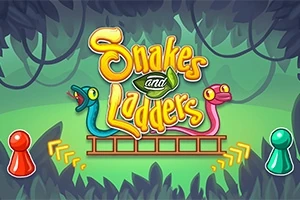 To fargerike slanger og teksten Snakes and Ladders med to spillebrikker i rødt og grønt foran en jungelbakgrunn