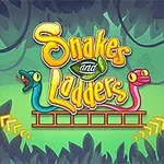 To fargerike slanger og teksten Snakes and Ladders med to spillebrikker i rødt og grønt foran en jungelbakgrunn