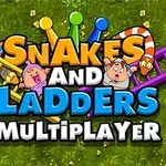 Fargerik illustrasjon med teksten Snakes and Ladders Multiplayer på gressbakgrunn, omgitt av stiger og tegneseriefigurer