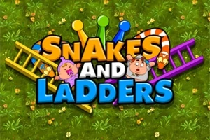 Teksten Snakes and Ladders er omgitt av illustrasjoner av stiger, en slange og to figurer på en grønn gressbakgrunn