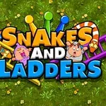 Teksten Snakes and Ladders er omgitt av illustrasjoner av stiger, en slange og to figurer på en grønn gressbakgrunn