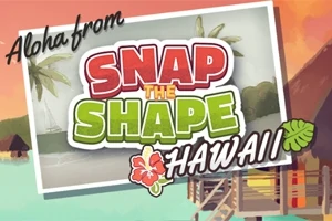 Et postkort med teksten Aloha from Snap the Shape Hawaii, palmer, hytter og en strand i bakgrunnen