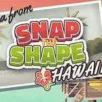 Et postkort med teksten Aloha from Snap the Shape Hawaii, palmer, hytter og en strand i bakgrunnen