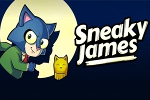 En tegnet katt med blått hode og en grønn jakke står ved siden av en liten gul statue, med ordene Sneaky James i en tegnet skriftstil