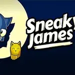 En tegnet katt med blått hode og en grønn jakke står ved siden av en liten gul statue, med ordene Sneaky James i en tegnet skriftstil