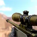 En rifle med kikkertsikte pekes mot et uskarpt ørkenlandskap med et målsymbol i sikte