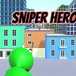 Et grønt figur står med en snikskytterrifle og sikter mot bygninger i en urban setting med teksten Sniper Hero over
