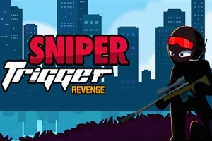 Animasjonsfigur med snikskytterrifle står foran en bysilhuett med tekst Sniper Trigger Revenge i bakgrunnen