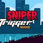 Animasjonsfigur med snikskytterrifle står foran en bysilhuett med tekst Sniper Trigger Revenge i bakgrunnen