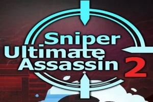 Sniper Ultimate Assassin 2-logo med et blått siktekorn i forgrunnen og en mørk bakgrunn