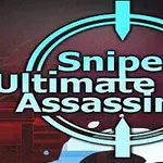 Sniper Ultimate Assassin 2-logo med et blått siktekorn i forgrunnen og en mørk bakgrunn