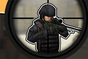 Soldat i svart uniform og hjelm med en snikskytterrifle sett gjennom et sikte