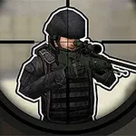 Soldat i svart uniform og hjelm med en snikskytterrifle sett gjennom et sikte