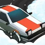 Illustrasjon av en retrobil i et sklidende sving med snøsprut fra dekkene