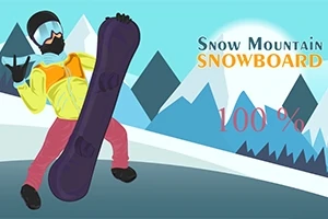 En tegneseriefigur står i en snowboardstilling med fjell i bakgrunnen og teksten Snow Mountain Snowboard 100%