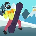 En tegneseriefigur står i en snowboardstilling med fjell i bakgrunnen og teksten Snow Mountain Snowboard 100%