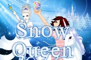 To karakterer i vinterlandskap med iskrystaller og frost, samt tekst Snow Queen i forgrunnen