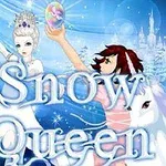 To karakterer i vinterlandskap med iskrystaller og frost, samt tekst Snow Queen i forgrunnen