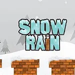 Snømann med flosshatt står på en mursteinsplattform med snølag, med teksten Snow Rain i bakgrunnen