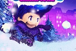 En tegneseriefigur med blått hår og skjerf løper gjennom et snødekt landskap med snødekte trær i bakgrunnen, omgitt av snøballer i en fargerik, lilla atmosfære