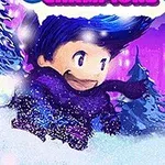 En tegneseriefigur med blått hår og skjerf løper gjennom et snødekt landskap med snødekte trær i bakgrunnen, omgitt av snøballer i en fargerik, lilla atmosfære