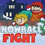 To barn i vinterklær leker med snøballer ved siden av en snømann foran et hus om natten, med teksten Snowball Fight nederst