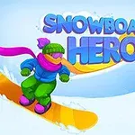 En tegneseriefigur snowboarder ned en snødekt bakke med teksten Snowboard Hero i bakgrunnen